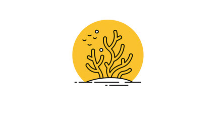 Coral Reef Silhouette with Sun and Birds - Minimalist Vector