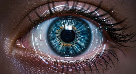 Close up of a human eye with digital interface elements overlaying the iris and surrounding area