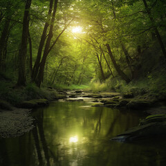 Obraz premium Serene Forest with a Clean River Showcasing Nature’s Beauty and the Importance of Environmental Conservation, High-Resolution Photography with Vibrant Colors and Tranquil Atmosphere
