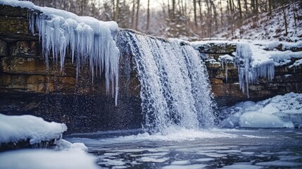 A waterfall frozen in mid-splash during winter