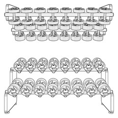 Dumbbell Rack Horizontal Vector. Illustration Of Dumbbells Isolated On White Background.