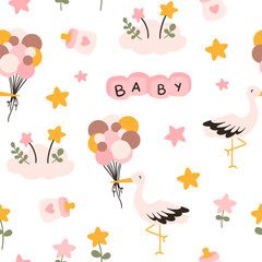 Toddler nursing and health care and hygiene products with decorative elements for baby shower design. Pattern. 
