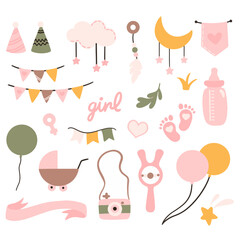 Toddler nursing and health care and hygiene products with decorative elements for baby shower design.
