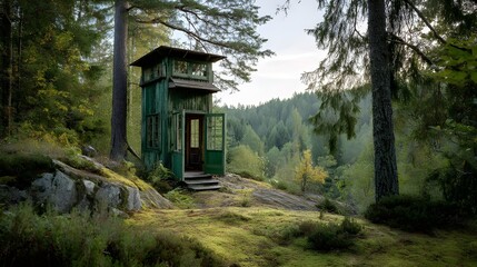 Rustic emerald green forestry watchtower cabin offers panoramic woodland vistas and handcrafted sustainable design features