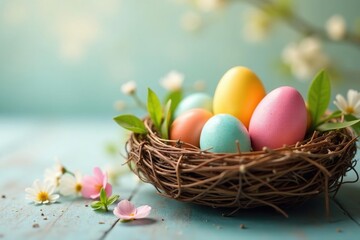 Colorful Easter eggs in a spring nest, happy Easter message , festive, painted eggs, blue