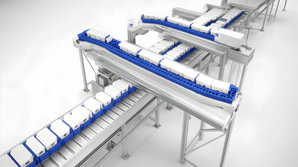 Industrial conveyor belts transport objects within a clean modern factory setting.