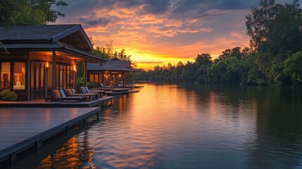 Fototapeta premium Sunset Serenity: Luxurious Waterside Villas at Golden Hour
