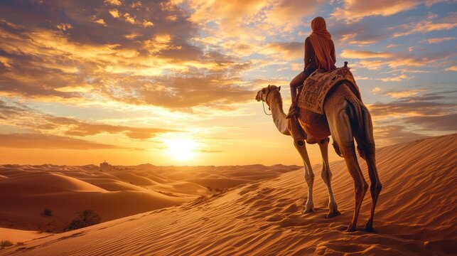 A woman riding a camel in the desert at sunset - Powered by Adobe