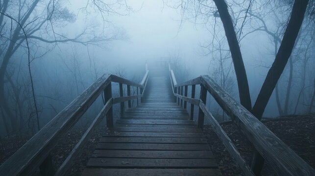 A wooden staircase descending into a foggy forest