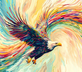 Obraz premium an abstract drawing of a eagle with colorful lines, precisionist lines, light red and indigo, colorful turbulence with mixed pattern colorful background