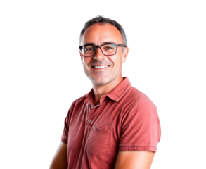 Smiling middle-aged man with glasses in red shirt isolated on transparent background