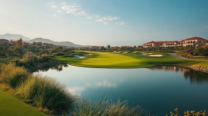 Obraz premium Serene Golf Course Landscape: Picturesque Fairway, Reflecting Waters, and Mountain Views
