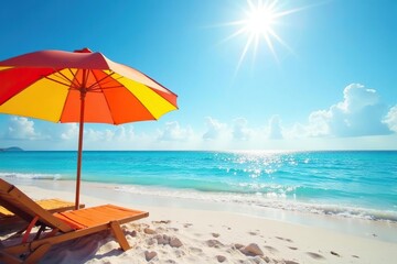 Bright summer sun shining on a vibrant beach scene with colorful beach umbrellas and clear blue water , blue, beach day, sunny
