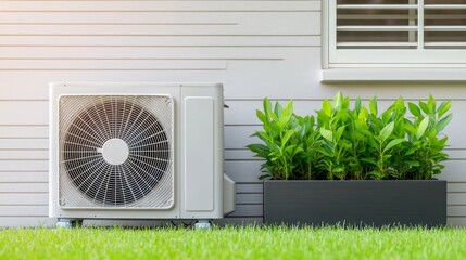 Modern Air Conditioner Unit Next to Green Plants in Residential Setting