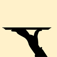 Silhouette of hand holding tray concept. Design icon of waiter bring dish food. Vector illustration.