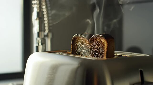Burnt Toast Smoking in Toaster Unhealthy Breakfast Disaster