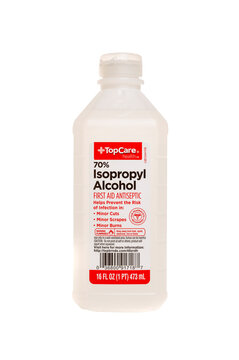 Millburn, New Jersey, USA - April 11, 2020: A plastic bottle of isopropyl alcohol.