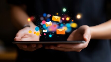 Hand Holding Tablet with Colorful Mail Icons and Bubbles Floating