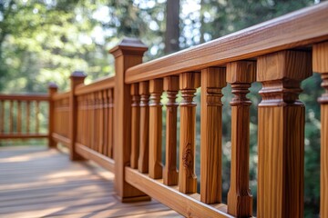 A newly stained wood deck and railing glows in sunlight outdoors. Use this for home improvement, construction, or outdoor living themes.