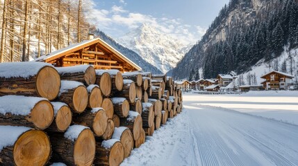 Snowy logs and chalet in valley with mountains backdrop