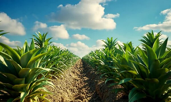Lush pineapple field under a bright blue sky with fluffy clouds, showcasing vibrant green plants growing in neat rows, ideal for agricultural and nature-themed projects