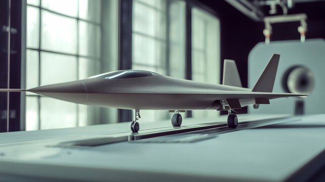 A model airplane sits in a wind tunnel for aerodynamic testing.