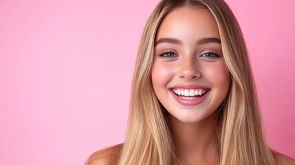 Naklejka premium radiant smile of a young woman with blonde hair against a pastel