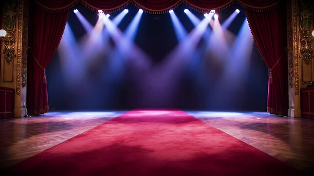Stage with Red Curtain and Purple Lighting Empty Theater