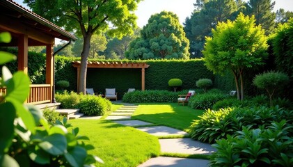 Landscaped backyard oasis with lush greenery and stone pathways , greenery, trees