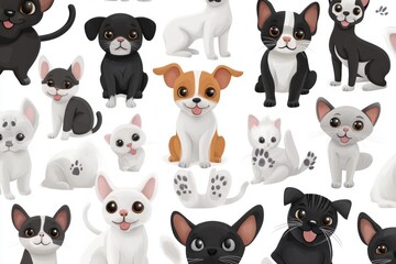 Naklejka premium Playful Cartoon Pets Pattern Illustration Featuring Cute Dogs and Cats on White Background for Kids and Animal Lovers