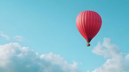 Fototapeta premium Red Hot Air Balloon Floating in Light Blue Sky with White Clouds