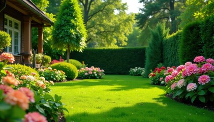 Fototapeta premium Landscaped backyard with lush green lawn, flowers , grass, landscape
