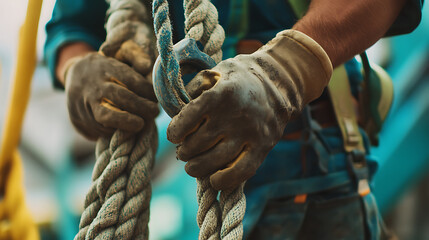 Worker's Hands in Gloves Handling Heavy Rope