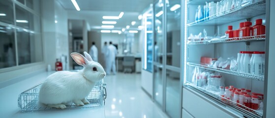 White rabbit in a sterile lab setting, near lab equipment and researchers in the background