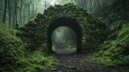 An ancient archway covered in moss deep in a forgotten woodland