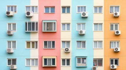 Fototapeta premium Colorful Facade of Modern Apartment Building with Air Conditioning Units