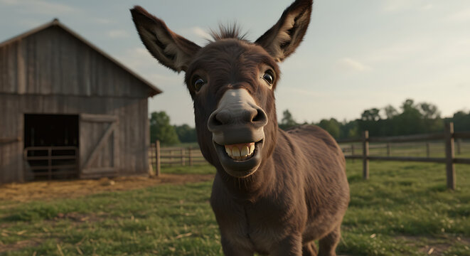 Adorable donkey smiles showing teeth in farm field with barn in background animal portrait