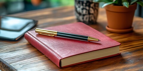 Red notebook and pen on wooden table