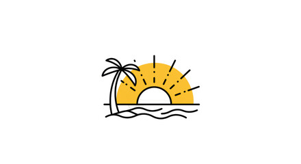 Obraz premium Tropical Sunset Icon: Palm Tree, Sun, and Ocean Waves