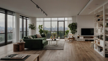 A modern living room with city views, featuring a stylish green sofa and plants.