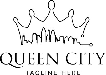simple black line art crown and cincinnati skyline of queen city icon logo design