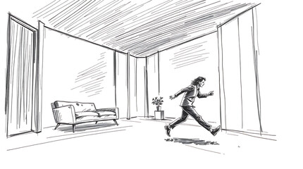A stylish sketch of a person running inside a modern and spacious interior