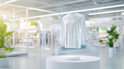 Floating 3D garment display in modern retail shop environment