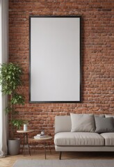 Cozy living room, poster mockup clipped to brick wall, aesthetic, background, room