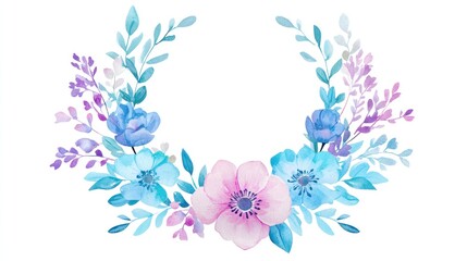 watercolor floral wreath illustration with delicate blue, turquo