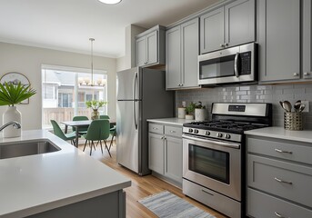 Modern kitchen with gray cabinets, stainless steel appliances and dining area
