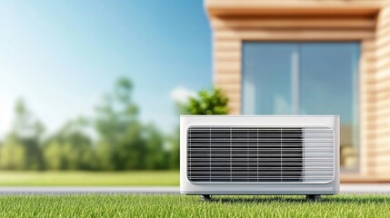 Modern Air Conditioner on Grass with Clear Sky and House Background