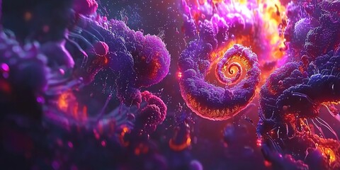 Vibrant purple abstract spirals with dynamic light effects and cosmic textures