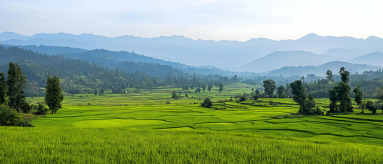 Obraz premium Panoramic View Of Green Terraced Rice Fields With Misty Mountains In The Background