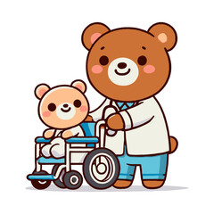 Cartoon illustration of Doctor Bear pushing a patient in a wheelchair